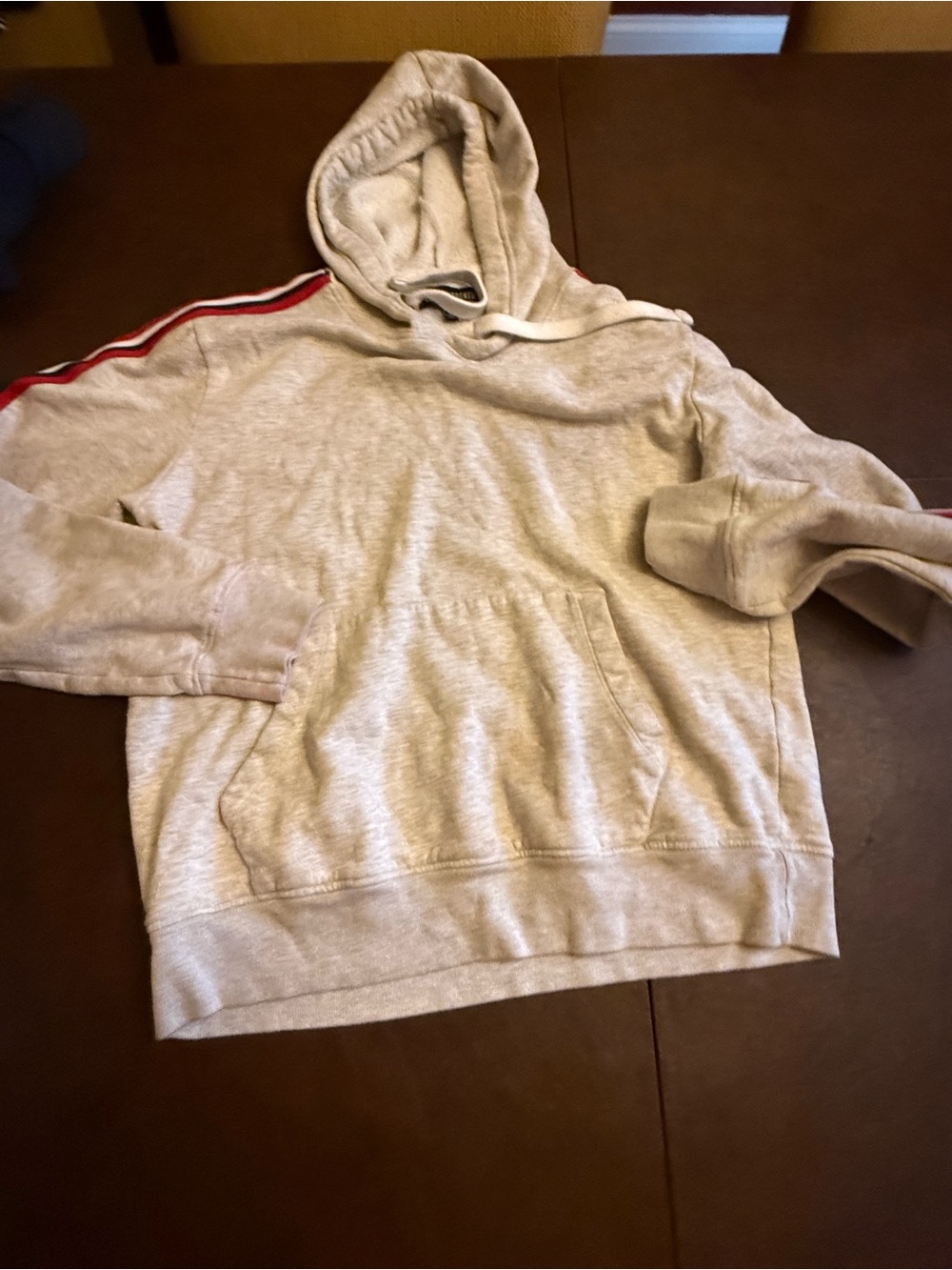 Men's Light Gray Hooded Sweatshirt with Red Shoulder Stripe